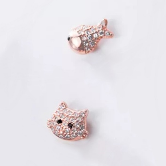 😻Cat Fish Mismatched Set Pair Rose Gold Sterling Silver Cubic Zirconia Pave Stu - Picture 4 of 5